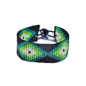 Handmade Mexican bracelet with an geometrical pattern in black, green, blue and white made with glas pearls
